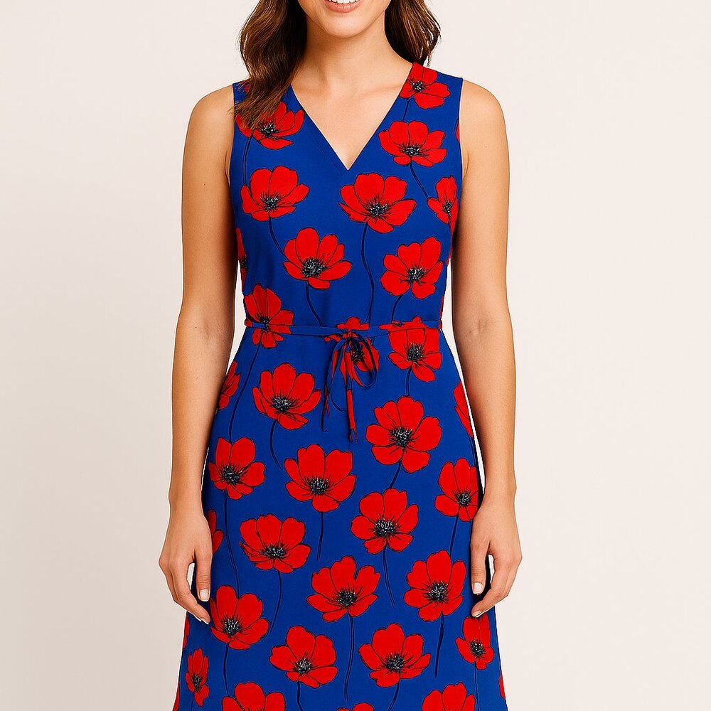 Blue & Red Floral Sleeveless Dress